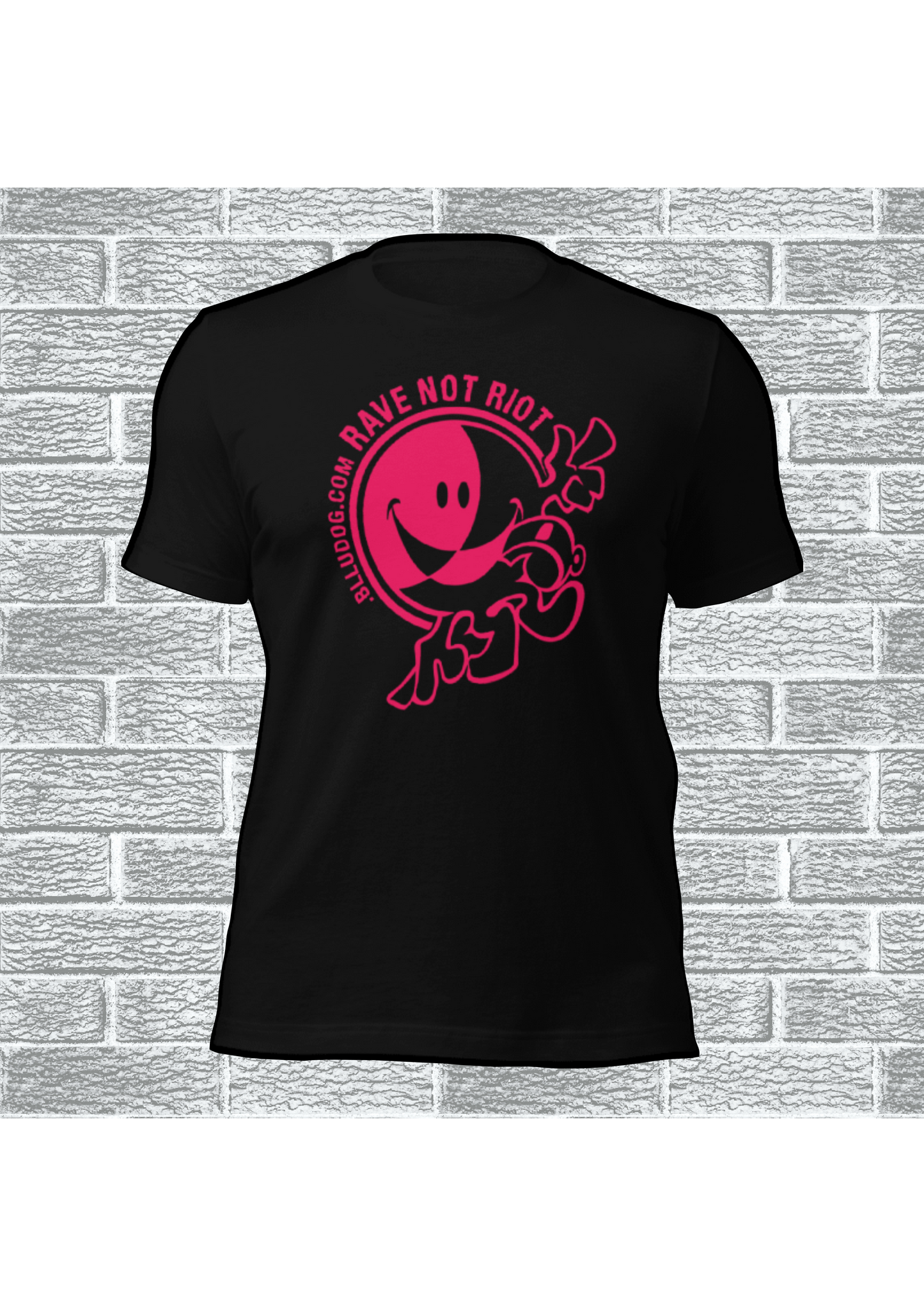 'RAVE NOT RIOT' BLLUdog S3PM TEE - Black t-shirt with pink smiley face and peace fingers design inspired by the 2011 London Riots