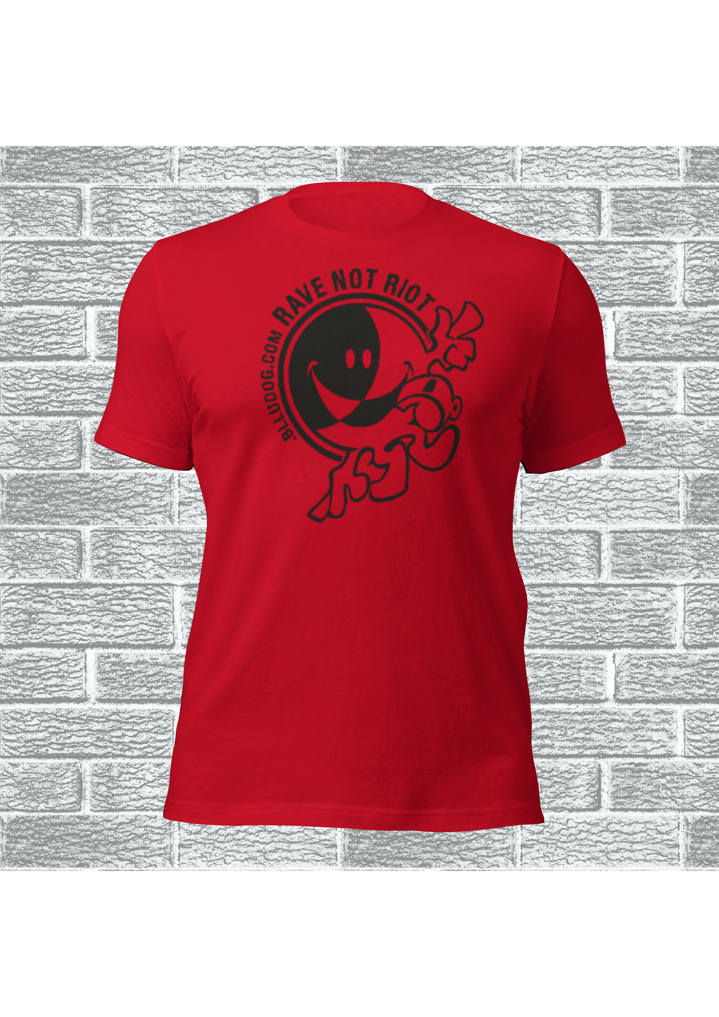 Red 'RAVE NOT RIOT' BLLUdog S3PM TEE with black smiley face design and text, inspired by 2011 London Riots.