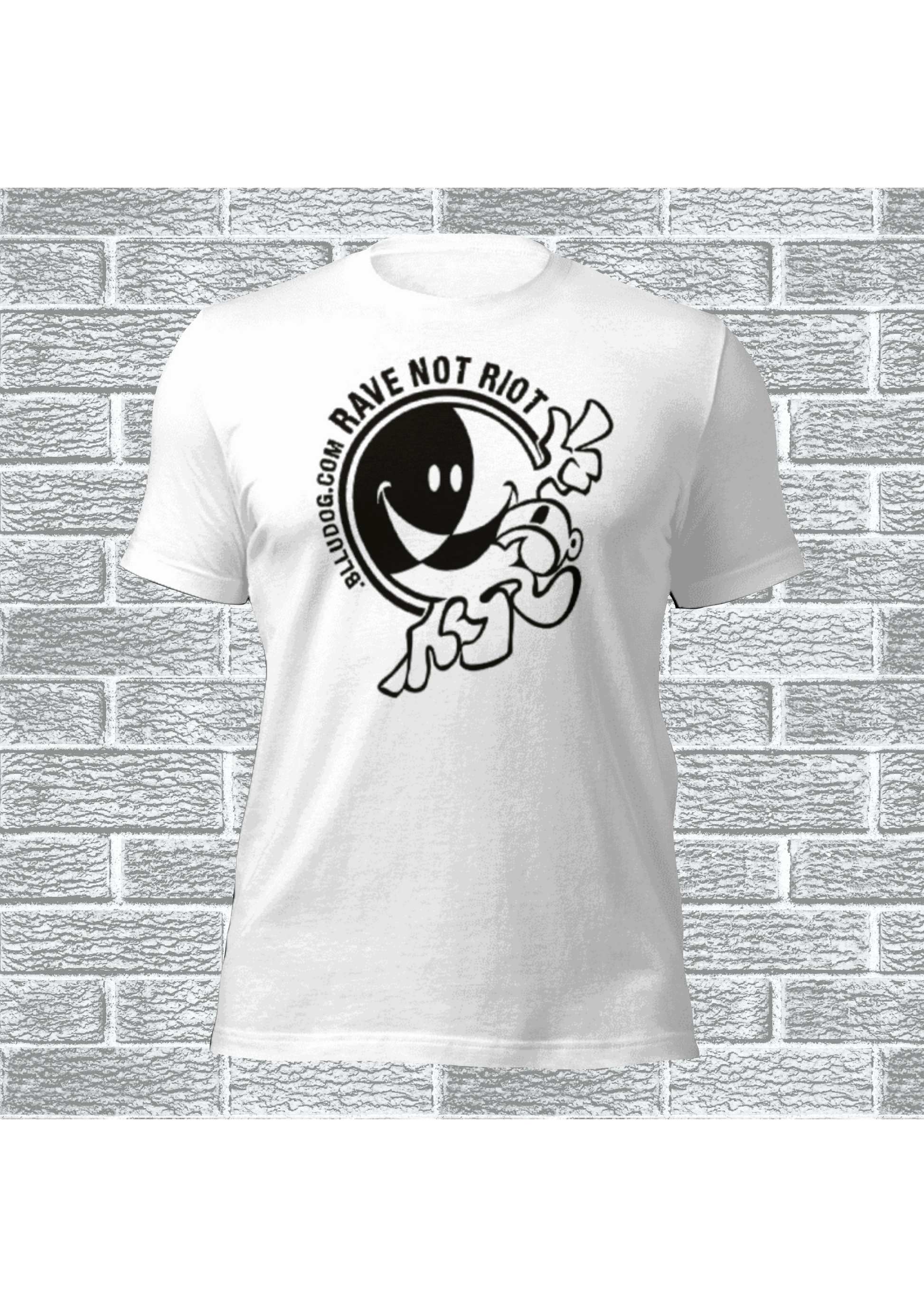 'RAVE NOT RIOT' BLLUdog S3PM TEE featuring a smiling face and dancing figure on a white t-shirt against a brick wall background.